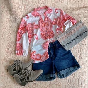 Pink & orange paisley boho neru collar 3/4 sleeve button down blouse M